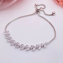 Lace & Favour Dotty Silver Crystal Leaves Verstellbares Armband* Silberner Abschlussball-schmuck | Prom Armbänder