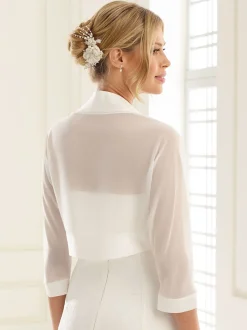 Bianco Evento Elfenbeinfarbener Chiffon-Hochzeitsbolero mit Satinbesatz E92* Boleros Und Jacken Für Hochzeiten