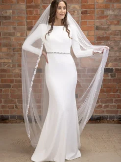 Perfect Bridal Elfenbeinfarbener einstufiger Kathedralenschleier mit Blattstickerei aus Spitze* Einstufige Schleier | Kapelle Länge & Kathedrale Schleier
