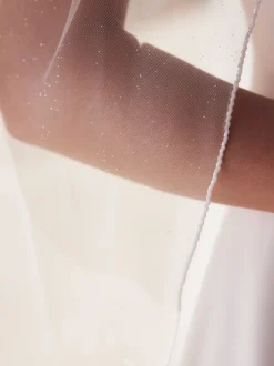 Bianco Evento Elfenbeinfarbener einstufiger Glitzerschleier mit Glasperlenrand S522* Einstufige Schleier | Bodenlange Schleier