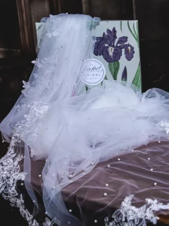 Perfect Bridal Elfenbeinfarbener einstufiger Perlenschleier in Walzerlänge mit floraler Spitzenkante* Einstufige Schleier | Schleier In Walzerlänge