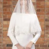 Perfect Bridal Elfenbeinfarbener zweistufiger breiter floraler Spitzenschleier mit Fingerspitze | L&F* Zweistufiger Schleier | Fingerspitzen-schleier