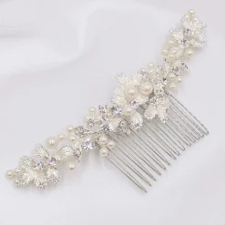 Twilight Designs Ellis Zierlicher Haarkamm mit Silberblättern und Perlen* Perlen-haarschmuck | Silberne Haar-accessoires