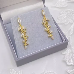 Lace & Favour Farn Gold Glitzernde Kristall Blätter Ohrringe* Kristall-hochzeitsschmuck | Gold-hochzeitsschmuck