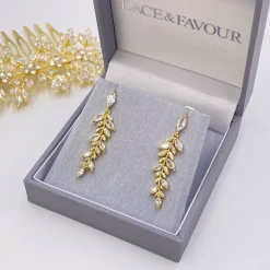 Lace & Favour Farn Gold Glitzernde Kristall Blätter Ohrringe* Kristall-hochzeitsschmuck | Gold-hochzeitsschmuck