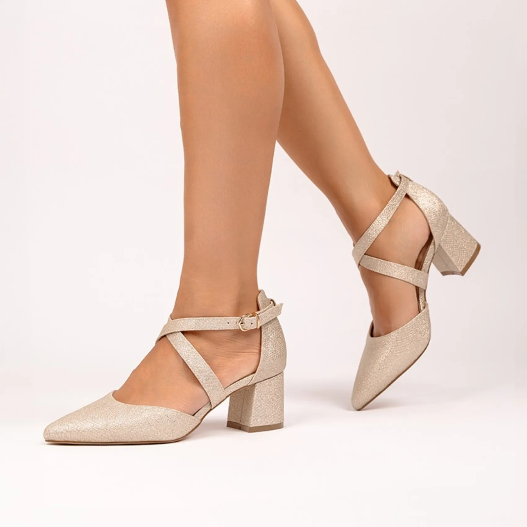 Paradox London Farrah Champagne Glitter Wide Fit Cross Strap Block Heels* Glitzernde Ballschuhe | Goldene Ballschuhe