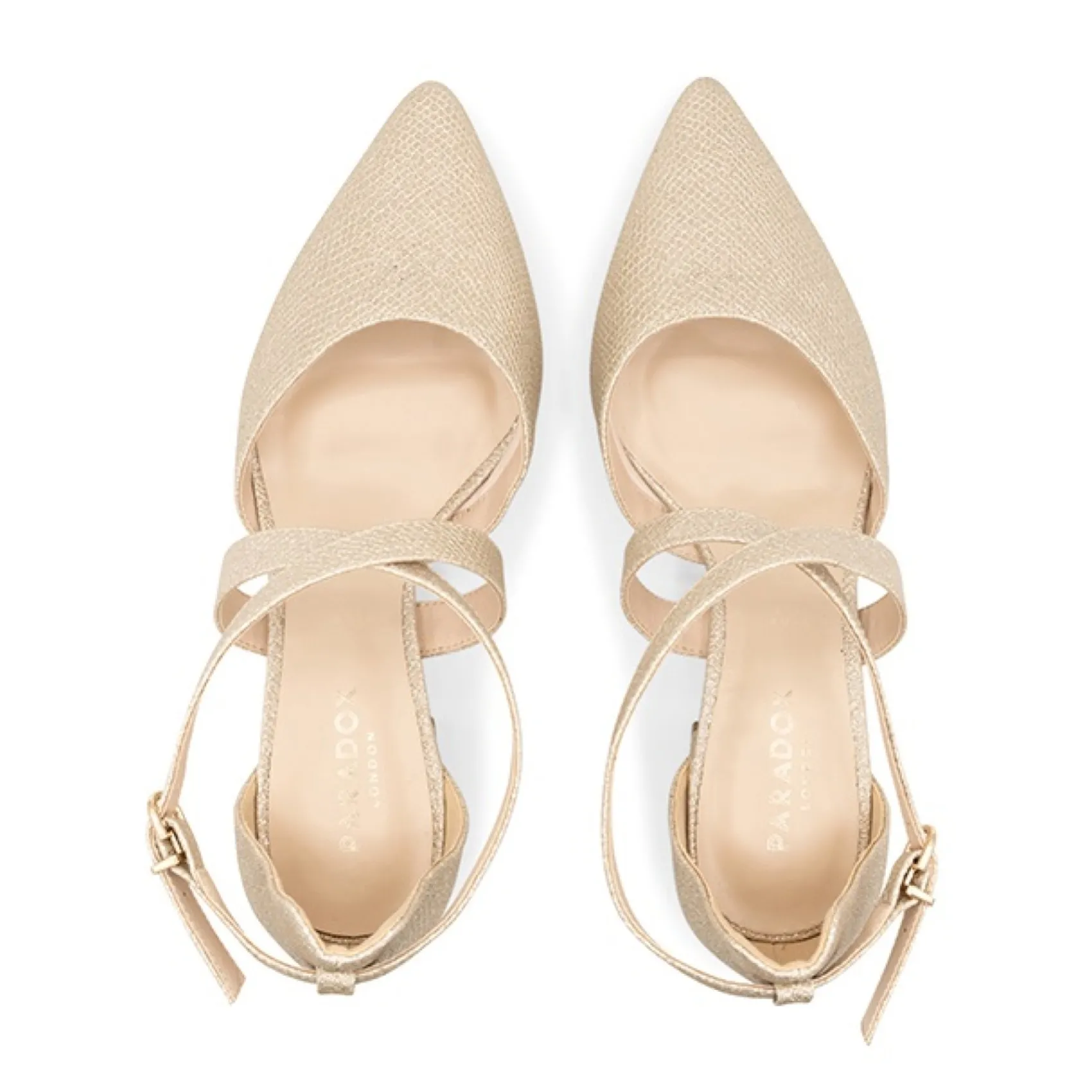 Paradox London Farrah Champagne Glitter Wide Fit Cross Strap Block Heels* Glitzernde Ballschuhe | Goldene Ballschuhe