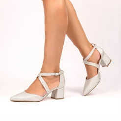 Paradox London Farrah Silver Glitter Wide Fit Cross Strap Block Heels* Glitzernde Ballschuhe | Silberne Ballschuhe