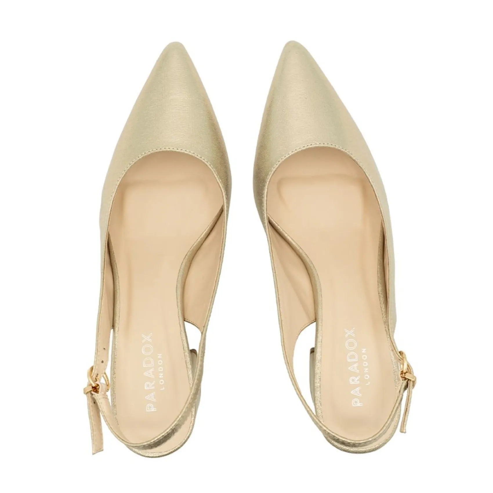 Paradox London Flynn Champagner Schimmer Breite Passform Niedriger Blockabsatz Slingbacks* Glitzernde Ballschuhe | Goldene Ballschuhe
