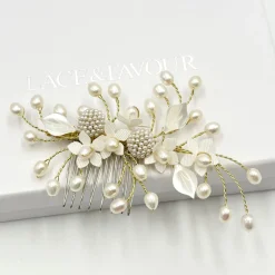 Beads & Beyond Glücksgold Perlenspray Blumen-Hochzeits-Haarkamm* Perlen-haarschmuck | Gold-haar-accessoires