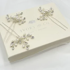 Ivory & Co Ivory and Co Cosmos Silber Kristall und Perle Haarnadel Set* Perlen-haarschmuck | Silberne Haar-accessoires