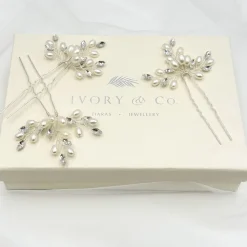 Ivory & Co Ivory and Co Cosmos Silber Kristall und Perle Haarnadel Set* Perlen-haarschmuck | Silberne Haar-accessoires