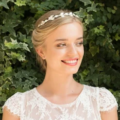 Ivory & Co Ivory and Co Pearl Dream Silber emaillierte Blätter Hochzeit Stirnband* Perlen-haarschmuck | Silberne Haar-accessoires
