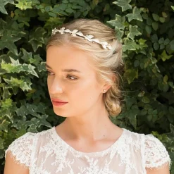 Ivory & Co Ivory and Co Pearl Dream Silber emaillierte Blätter Hochzeit Stirnband* Perlen-haarschmuck | Silberne Haar-accessoires