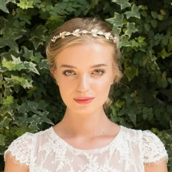 Ivory & Co Ivory and Co Pfirsich Blüte Golden emaillierte Blätter Hochzeit Stirnband* Perlen-haarschmuck | Gold-haar-accessoires