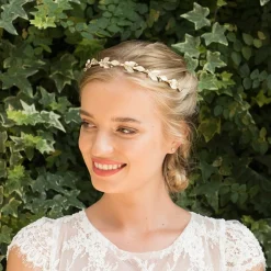 Ivory & Co Ivory and Co Pfirsich Blüte Golden emaillierte Blätter Hochzeit Stirnband* Perlen-haarschmuck | Gold-haar-accessoires