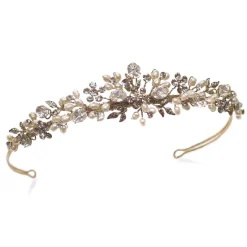 Ivory & Co Ivory and Co Sierra Gold Floral Perle und Kristall Braut Tiara* Perlen-haarschmuck | Gold-haar-accessoires