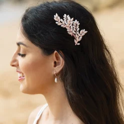 Ivory & Co Ivory and Co Sommerglanz Rosegold Blattgrüner Haarkamm* Perlen-haarschmuck | Haarschmuck In Roségold
