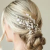 Ivory & Co Ivory and Co Summer Breeze Silber emaillierte Blatt und Perle Sprig Clip* Perlen-haarschmuck | Silberne Haar-accessoires