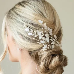 Ivory & Co Ivory and Co Summer Breeze Silber emaillierte Blatt und Perle Sprig Clip* Perlen-haarschmuck | Silberne Haar-accessoires