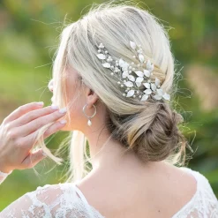 Ivory & Co Ivory and Co Summer Breeze Silber emaillierte Blatt und Perle Sprig Clip* Perlen-haarschmuck | Silberne Haar-accessoires