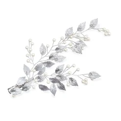 Ivory & Co Ivory and Co Summer Breeze Silber emaillierte Blatt und Perle Sprig Clip* Perlen-haarschmuck | Silberne Haar-accessoires