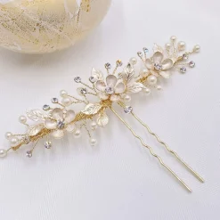 Twilight Designs Jen Gold Blumen und Blätter Haarnadel* Perlen-haarschmuck | Gold-haar-accessoires