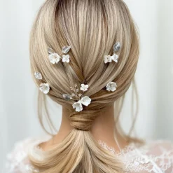 Lace & Favour Kirschblüten Set mit 5 Haarnadeln aus Porzellan mit Blumen und Silberblättern* Silberne Haar-accessoires | Brautjungfer Haarschmuck
