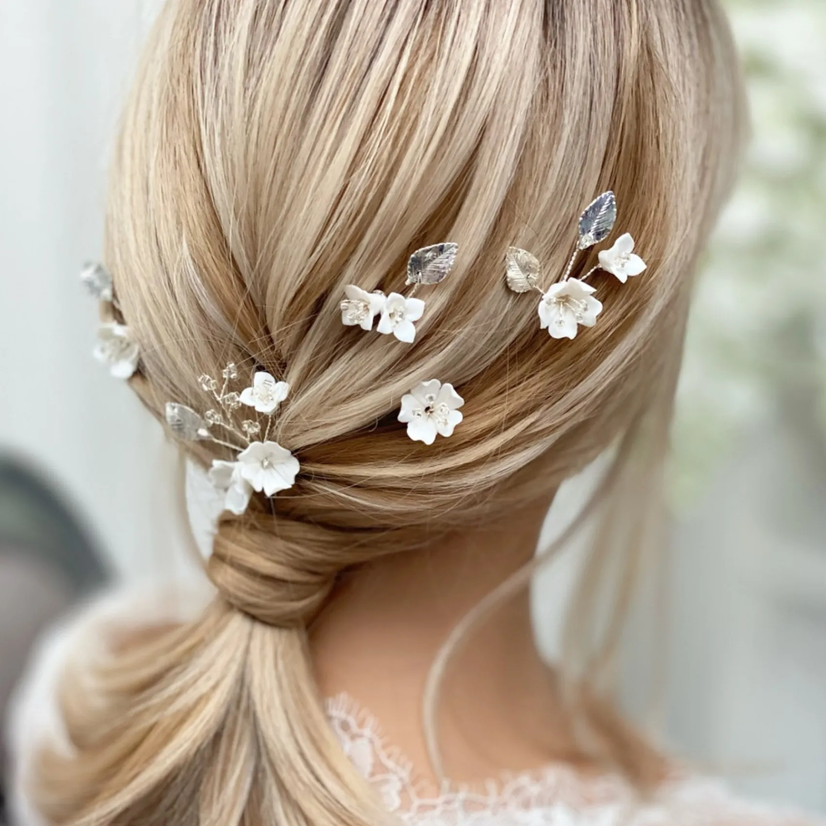 Lace & Favour Kirschblüten Set mit 5 Haarnadeln aus Porzellan mit Blumen und Silberblättern* Silberne Haar-accessoires | Brautjungfer Haarschmuck