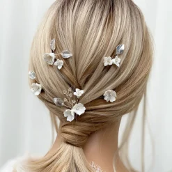 Lace & Favour Kirschblüten Set mit 5 Haarnadeln aus Porzellan mit Blumen und Silberblättern* Silberne Haar-accessoires | Brautjungfer Haarschmuck