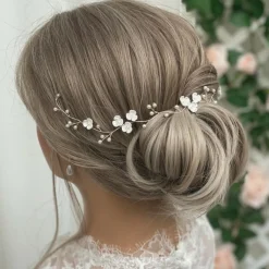 Lace & Favour Letisha Elfenbein Blumen und Perlen Zweige Hochzeit Haarsträhne (Silber)* Perlen-haarschmuck | Silberne Haar-accessoires