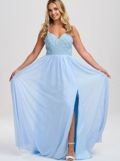 Linzi Jay Blassblaues perlenbesetztes A Line Chiffon Ballkleid mit Schlitz* Linzi Jay Prom Dresses | Hellblaue Ballkleider