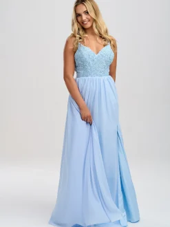 Linzi Jay Blassblaues perlenbesetztes A Line Chiffon Ballkleid mit Schlitz* Linzi Jay Prom Dresses | Hellblaue Ballkleider