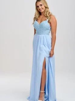 Linzi Jay Blassblaues perlenbesetztes A Line Chiffon Ballkleid mit Schlitz* Linzi Jay Prom Dresses | Hellblaue Ballkleider