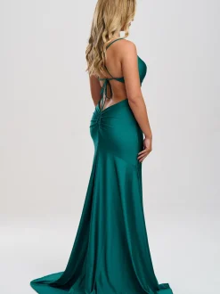 Linzi Jay Cowl Neck Rückenfreies Stretch Satin Ballkleid mit Schleppe* Linzi Jay Prom Dresses | Blaugrüne Ballkleider