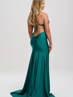 Linzi Jay Cowl Neck Rückenfreies Stretch Satin Ballkleid mit Schleppe* Linzi Jay Prom Dresses | Blaugrüne Ballkleider