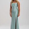 Linzi Jay Crossover Rücken Rüschen Stretch Satin Ballkleid mit Schlitz* Linzi Jay Prom Dresses | Grüne Ballkleider