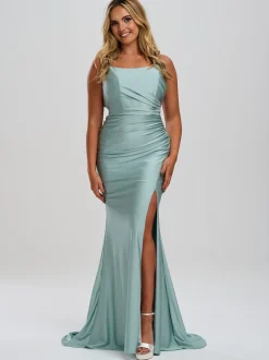 Linzi Jay Crossover Rücken Rüschen Stretch Satin Ballkleid mit Schlitz* Linzi Jay Prom Dresses | Grüne Ballkleider