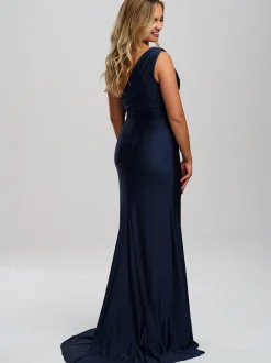 Linzi Jay Einschuliges Stretch Satin Ballkleid mit Schlitz und Schleppe* Linzi Jay Prom Dresses | Marineblaue Ballkleider