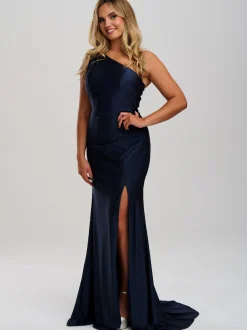 Linzi Jay Einschuliges Stretch Satin Ballkleid mit Schlitz und Schleppe* Linzi Jay Prom Dresses | Marineblaue Ballkleider