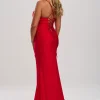 Linzi Jay Halsausschnitt gerafftes Korsett-Abschlussballkleid mit Schlitz* Linzi Jay Prom Dresses | Rote Ballkleider