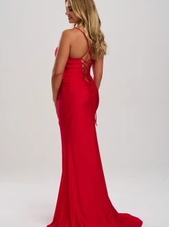 Linzi Jay Halsausschnitt gerafftes Korsett-Abschlussballkleid mit Schlitz* Linzi Jay Prom Dresses | Rote Ballkleider