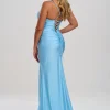 Linzi Jay Halsausschnitt gerafftes Korsett-Abschlussballkleid mit Schlitz* Linzi Jay Prom Dresses | Hellblaue Ballkleider