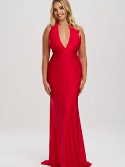 Linzi Jay Halter Neck Stretch Satin Prom Dress with Train* Linzi Jay Prom Dresses | Rote Ballkleider