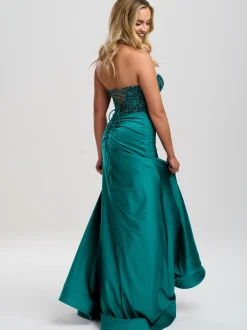 Linzi Jay Petrolfarbenes trägerloses Perlenkorsett-Abschlussballkleid mit Schlitz* Linzi Jay Prom Dresses | Blaugrüne Ballkleider