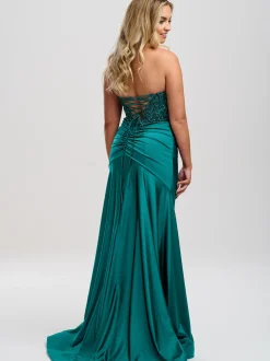 Linzi Jay Petrolfarbenes trägerloses Perlenkorsett-Abschlussballkleid mit Schlitz* Linzi Jay Prom Dresses | Blaugrüne Ballkleider