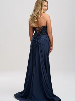 Linzi Jay Trägerloses Perlenkorsett-Abschlussballkleid mit Schlitz* Linzi Jay Prom Dresses | Marineblaue Ballkleider
