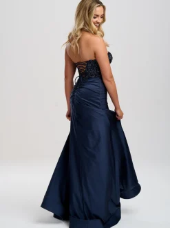 Linzi Jay Trägerloses Perlenkorsett-Abschlussballkleid mit Schlitz* Linzi Jay Prom Dresses | Marineblaue Ballkleider