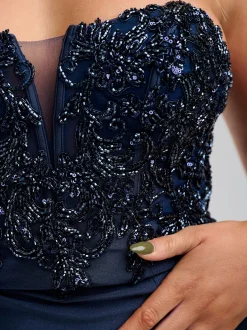 Linzi Jay Trägerloses Perlenkorsett-Abschlussballkleid mit Schlitz* Linzi Jay Prom Dresses | Marineblaue Ballkleider