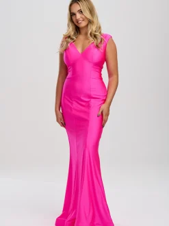 Linzi Jay V-Ausschnitt Satin Jersey Passendes Ballkleid* Linzi Jay Prom Dresses | Rosa Ballkleider